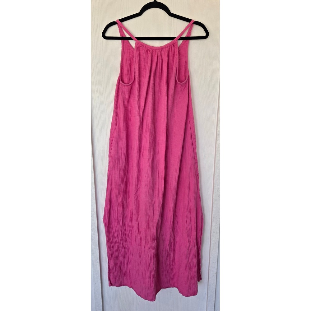 Pink 100% Cotton Seersucker Sleeveless Maxi Dress Size M Vacation Coastal Beach